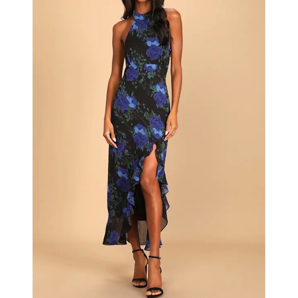 Lulus Elegant Entrance Black Blue Floral Print Halter Maxi Dress Size M NWT